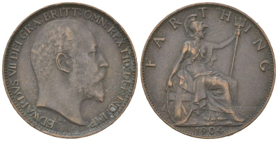 Великобритания 1 фартинг 1904 Эдуард VII (1901-1910) KM 792, Spink 3992 бронза 4617-843