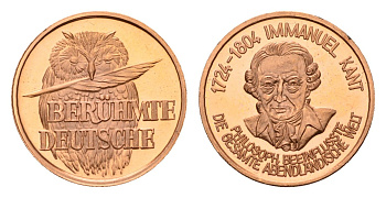 ФРГ медаль из серии знаменитые немцы - Иммануил Кант (1724-1804) - философ оказал влияние на весь западный мир 1980-ые диаметр 18 мм, вес 2,3 гр алюминий плакированный медью UNC 4658-749