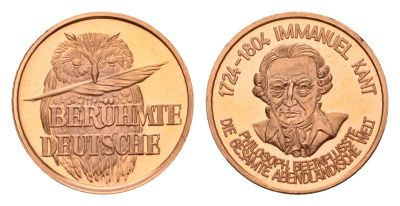 ФРГ медаль из серии знаменитые немцы - Иммануил Кант (1724-1804) - философ оказал влияние на весь западный мир 1980-ые диаметр 18 мм, вес 2,3 гр алюминий плакированный медью UNC 4658-749