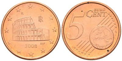 Италия 5 евроцентов 2008 KM 212 сталь плакированная медью UNC 4147-745