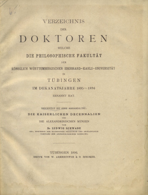 ЛЮДВИГ ШВАБЕ ИМПЕРАТОРСКИЕ ДЕЦЕННАЛИИ И МОНЕТЫ АЛЕКСАНДРИИ (ЯЗЫК: НЕМ.) 1896 LUDWIG SCHWABE, DIE KAISERLICHEN DECENNALIEN UND DIE ALEXANDRINISCHEN MUNZEN 00-01-05-03