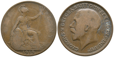 Великобритания 1 пенни 1919 Георг V (1910-1936) KM 810, Spink 4051 бронза 08-436