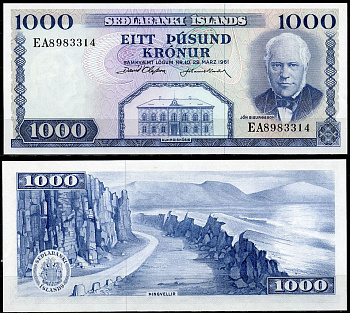 Исландия 1000 крон 1961 Йоун Сигурдссон, Тингведлир Pick 46 a (6)  бумага  UNC (пресс) 450-30-3