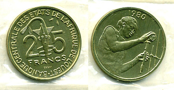 Западно-Африканские штаты 25 франков 1980 пробник, ESSAI, в оригинальной упаковке КМ E9 алюминиевая бронза бронза UNC 5010-245