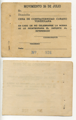 Куба корешок листа чековой книжки 1950 номер 926, не заполненный, движение 26 июля, благотворительный ужин Кубы и Венесуэлы   бумага  аUNC  7217-81-1-2