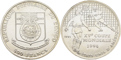 Конго 500 франков 1991 чемпионат мира по футболу в США 1994 года, тираж 10000 экз. KM 39 серебро UNC 04-320-21