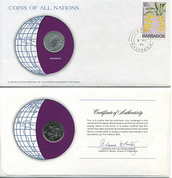 Барбадос 25 центов 1979 конверт с маркой первого дня гашения, Coins of Nations KM 13 медно-никель  BU   4294-4-3
