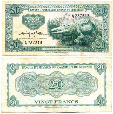 Руанда и Бурунди 20 франков 1960 крокодил Pick 3 a бумага 000-000-00