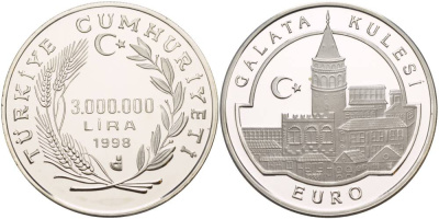 Турция 3000000 лир 1998 Галатская башня (Галата Кулеси), тираж 7843 экземпляра KM 1086 серебро PROOF 1088-9-24