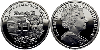 Остров Вознесения 1 крона 2014 в память героев первой мировой войны, кладбище KM NEW серебро PROOF 1071-1-63