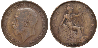 Великобритания 1 пенни 1921 Георг V (1910-1936) KM 810, Spink 4051 бронза 4123-1141