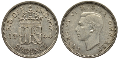 Великобритания 6 пенсов 1944 Георг VI (1936-1952) KM 852, Spink 4084 серебро 4538-533