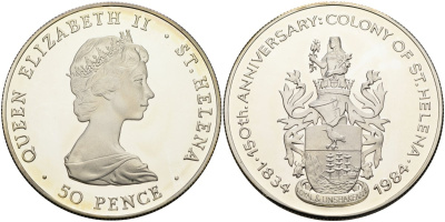 Остров Святой Елены 50 пенсов 1984 150 лет колонизации (1834-1984), тираж 5000 экз. KM 12а серебро PROOF 00-000-00