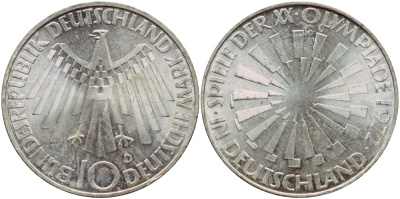 ФРГ 10 МАРОК 1972 D, ОЛИМПИАДА, СПИРАЛЬ J 401b, KM 134.1 серебро aUNC 1522-324
