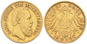 Вюртемберг 10 марок 1890 Карл I (1864-1891) J. 294, KM 634 золото 10-016-46