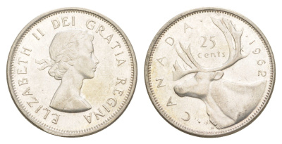 Канада 25 центов 1962 Елизавета II (1952-2022), олень KM 52 серебро 4541-952