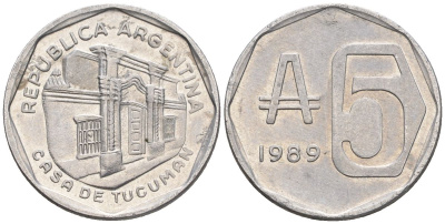 Аргентина 5 аустралей1989 здание конгресса Тукумана KM 101, CJ 379, Schon 101 алюминий 60-557