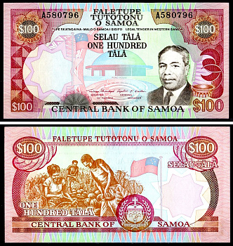Самоа 100 тала ND (1990) Флаг, Глава государства Малиетоа Сусуга Танумафили II, Фоно хаус (парламент), Сбор кокосов, флаг Pick 30 бумага UNC (пресс) 451-739-2