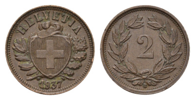 Швейцария 2 раппена 1937 B KM 4.2a бронза 1528-943