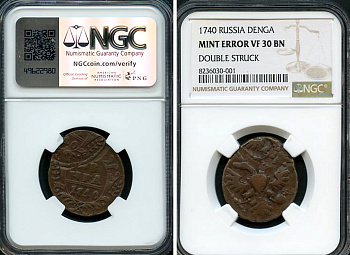 Россия деньга 1740 Анна Иоановна (1730-1740), брак монетного двора, двойной чекан монетной заготовки со сдвигом в слабе NGС VF 30 BN  медь    15-024-09