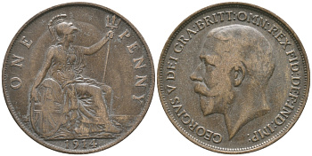 Великобритания 1 пенни 1914 Георг V (1910-1936) KM 810, Spink 4051 бронза 32-513