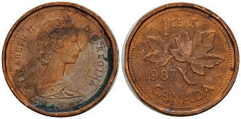 Канада 1 цент 1987 Елизавета II (1952-2022), кленовый лист KM 132 бронза 4602-224