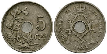 Бельгия 5 сантимов 1922 Belgique KM 66 медно-никель 4173-464