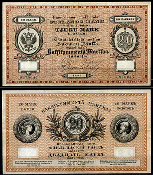 Россия для Финляндии 20 марок золотом 1883  Pick A47 b, Рябченко 27789 бумага 000-000-000