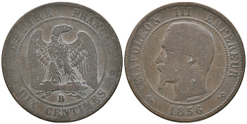 Франция 10 сантимов 1856 B, Наполеон III (1852-1870) KM 771.2, Le Franc 133.33 бронза 54-1433