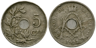 Бельгия 5 сантимов 1922 Belgique KM 66 медно-никель 4173-464