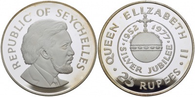 Сейшельские острова набор из 2 монет по 25 рупий 1977 25 лет правления (серебрянный юбилей) королевы Елизаветы II (1952-1977), в оригинальном буклете (UNC) и (PROOF) KM 38, 38a серебро UNC, PROOF 7-4-1-30