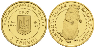 Украина 2 гривны 2007 сурок степной (бабак), вес 1,24 гр. KM 431 золото PROOF 00-000-00