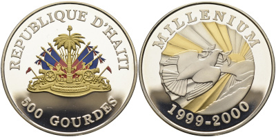 Гаити 500 гурдов 1999 Миллениуем, голубь мира, позолота, цветная эмаль KM 165 серебро PROOF 00-00