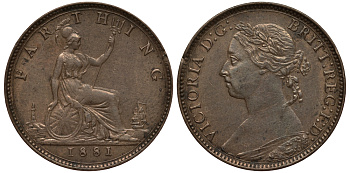 Великобритания 1 фартинг 1881 Виктория (1837-1901) KM 753, Spink 3958 бронза 441-1434