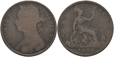 Великобритания 1 пенни 1894 Виктория (1837-1901) KM 755, Spink 3954 бронза 4144-716