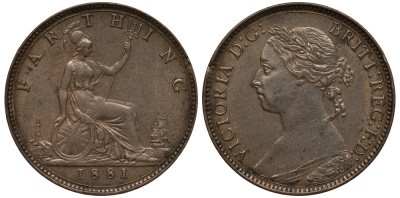 Великобритания 1 фартинг 1881 Виктория (1837-1901) KM 753, Spink 3958 бронза 441-1434