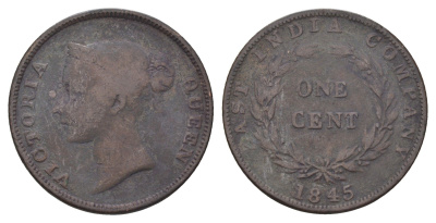 Стрейтс-Сетлментс (Стрейтс Сетлментс) 1 цент 1845 Виктория (1837-1901), год-тип KM 3 медь 4662-437