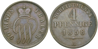 Шаумбург-Липпе 4 пфеннига 1858 А, Георг Вильгельм (1787-1860) KM 40 медь 65-632