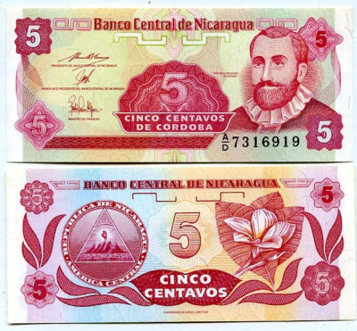 НИКАРАГУА 5 СЕНТАВО 1991 ФРАНСИСКО ЭРНАНДЕС де КОРДОБА Pick 168a бумага UNC (ПРЕСС) 447-69-2