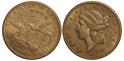 США 20 долларов 1882 S, голова свободы KM 74.3 золото 10-009-03