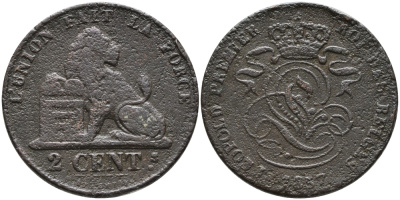 БЕЛЬГИЯ 2 САНТИМА 1857 BELGES KM 4.2 медь 95-711