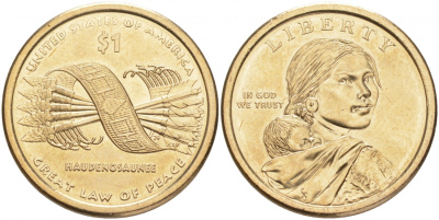 США 1 ДОЛЛАР 2010 D, СЕРИЯ КОРЕННЫЕ АМЕРИКАНЦЫ - ПОЯС ГАЙАВАТА KM 467 медь с марганцево-латунным покрытием UNC M31-10