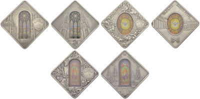 Палау набор из 3 монет (10 долларов) 2011 Священное искусство - Собор Святого Патрика, Нью-Йорк, Сантьяго-де-Компостела, Базилика Святого Петра, в оригинальной коробке, с сертификатом, тираж 999 экземпляров KM 411, 412, 413 серебро PROOF 8-2-02-01