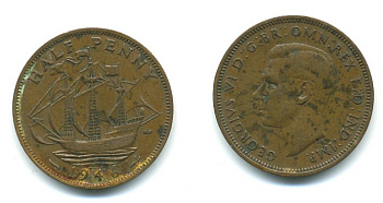Великобритания 1/2 пенни 1946 Георг VI (1936-1952) KM 844, Spink 4115 бронза 04-456