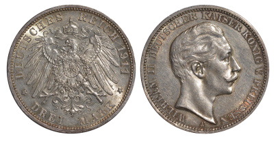 Пруссия 3 марки 1911  KM 527, J. 103 серебро  aUNC  413-914