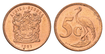 ЮАР 5 центов 1997 герб, райский журавль KM 160 сталь плакированная медью UNC 4687-218