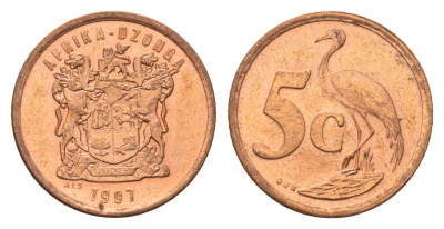 ЮАР 5 центов 1997 герб, райский журавль KM 160 сталь плакированная медью UNC 4687-218