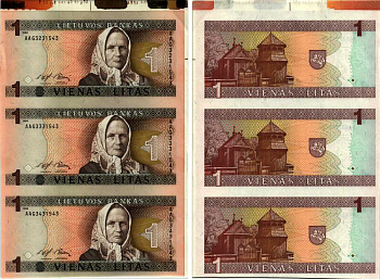ЛИТВА НЕРАЗРЕЗАНЫЙ ЛИСТ ИЗ 3 БАНКНОТ ПО 1 ЛИТУ 1994 Pick 53b, Сергеев 58 бумага UNC (ПРЕСС) 451-353-1