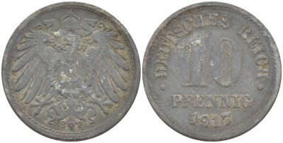 ГЕРМАНИЯ 10 ПФЕННИГОВ 1917 KM 26, J. 299 цинк 110-245
