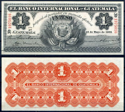 Гватемала 1 песо 1923 международный банк Гватемалы Pick S153 b  бумага  aUNC 451-1204-3